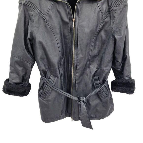 Vintage 80s Wilsons Leather Bomber Flight Jacket L Black Sherpa Trim Belted Zip - Picture 7 of 16